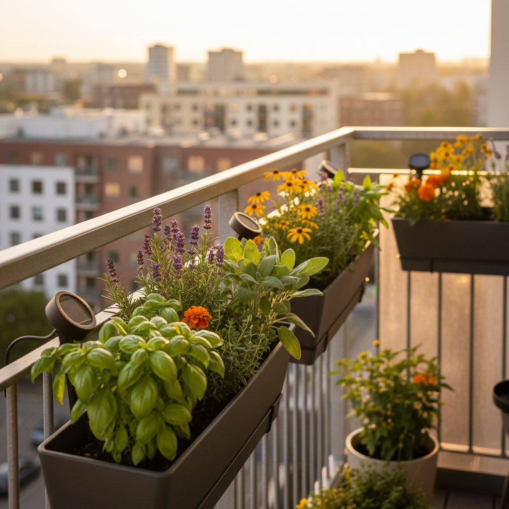 A narrow balcony of a city apartment lined with sleek, rectangular dark-gray planters filled with dense, vibrant green herbs and pollinator-friendly flowers. Discreet solar-powered LED stake lights are nestled between the plants, their small panels angled toward the sky. The balcony overlooks a soft-focus urban skyline of mid-rise buildings. Late-afternoon sunlight grazes the metal railing, creating warm highlights on the planter edges and catching the textures of leaves and petals. Photographic realism, captured from a slightly elevated angle along the railing using rule-of-thirds composition, with crisp focus on the planters and subtle bokeh in the cityscape, conveying a hopeful, practical mood about bringing green technology into small rental spaces without structural changes.
